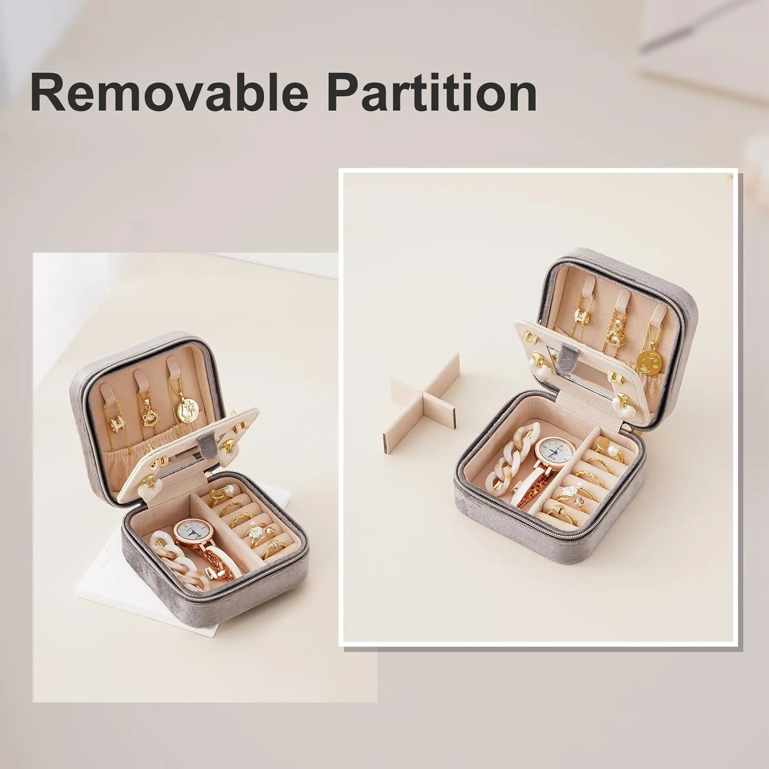 CASEGRACE Travel Jewelry Case, Plush Velvet Jewelry Box Small Jewelry Travel Organizer Display Rings Necklace Bracelet Earrings Storage Case for Women, Gray