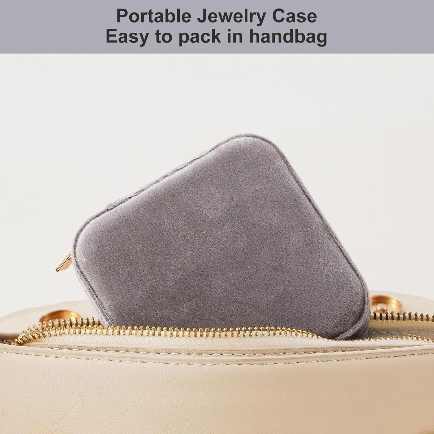 CASEGRACE Travel Jewelry Case, Plush Velvet Jewelry Box Small Jewelry Travel Organizer Display Rings Necklace Bracelet Earrings Storage Case for Women, Gray