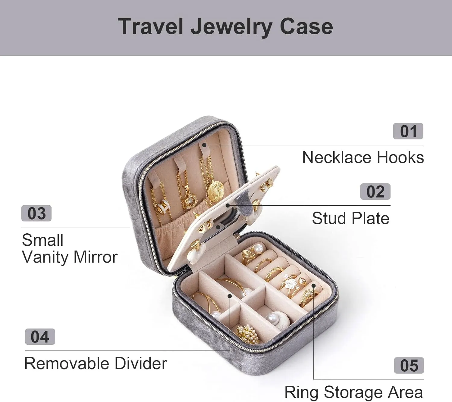 CASEGRACE Travel Jewelry Case, Plush Velvet Jewelry Box Small Jewelry Travel Organizer Display Rings Necklace Bracelet Earrings Storage Case for Women, Gray