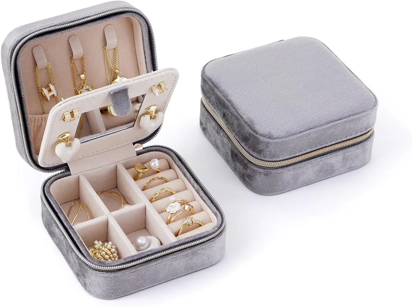 CASEGRACE Travel Jewelry Case, Plush Velvet Jewelry Box Small Jewelry Travel Organizer Display Rings Necklace Bracelet Earrings Storage Case for Women, Gray