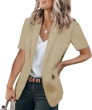 Casual Blazer for Women Short Sleeve Blazers Summer Dressy Office Jackets Lapel One Button Open Front Jacket Cardigan