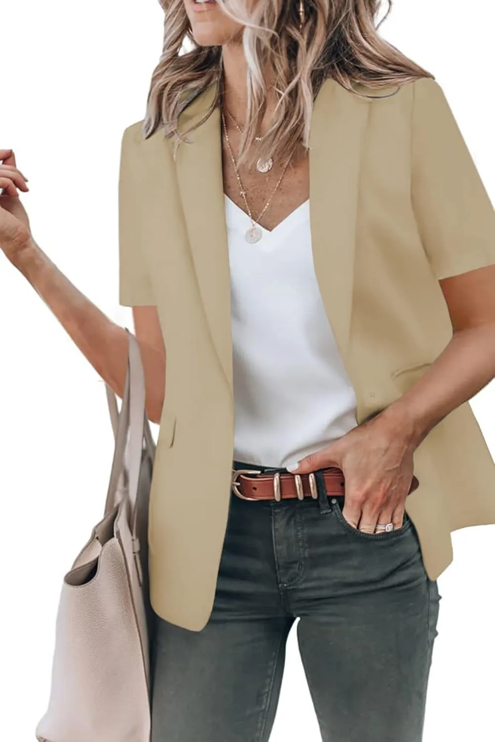 Casual Blazer for Women Short Sleeve Blazers Summer Dressy Office Jackets Lapel One Button Open Front Jacket Cardigan