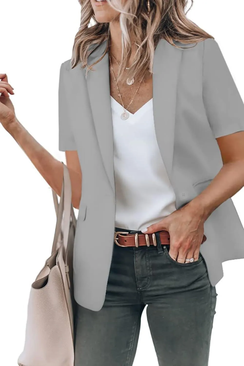Casual Blazer for Women Short Sleeve Blazers Summer Dressy Office Jackets Lapel One Button Open Front Jacket Cardigan