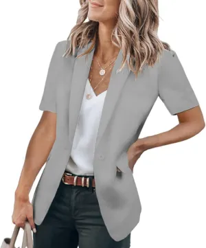 Casual Blazer for Women Short Sleeve Blazers Summer Dressy Office Jackets Lapel One Button Open Front Jacket Cardigan