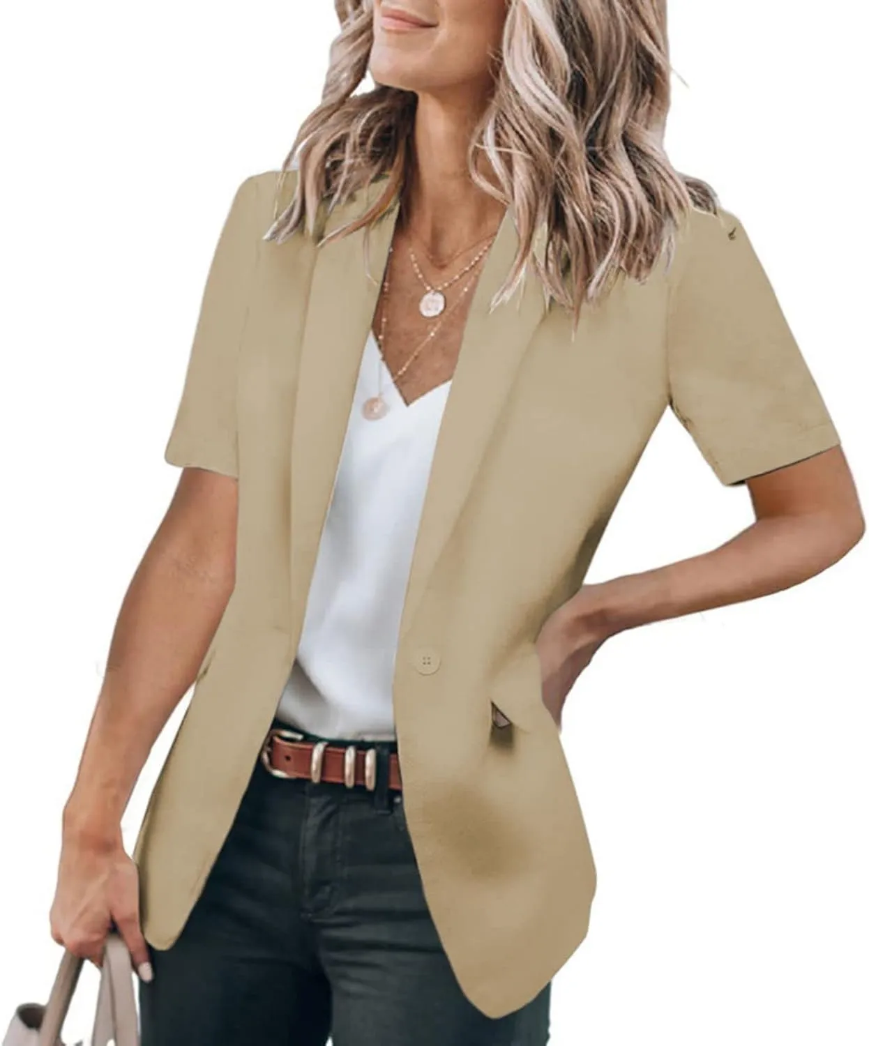 Casual Blazer for Women Short Sleeve Blazers Summer Dressy Office Jackets Lapel One Button Open Front Jacket Cardigan