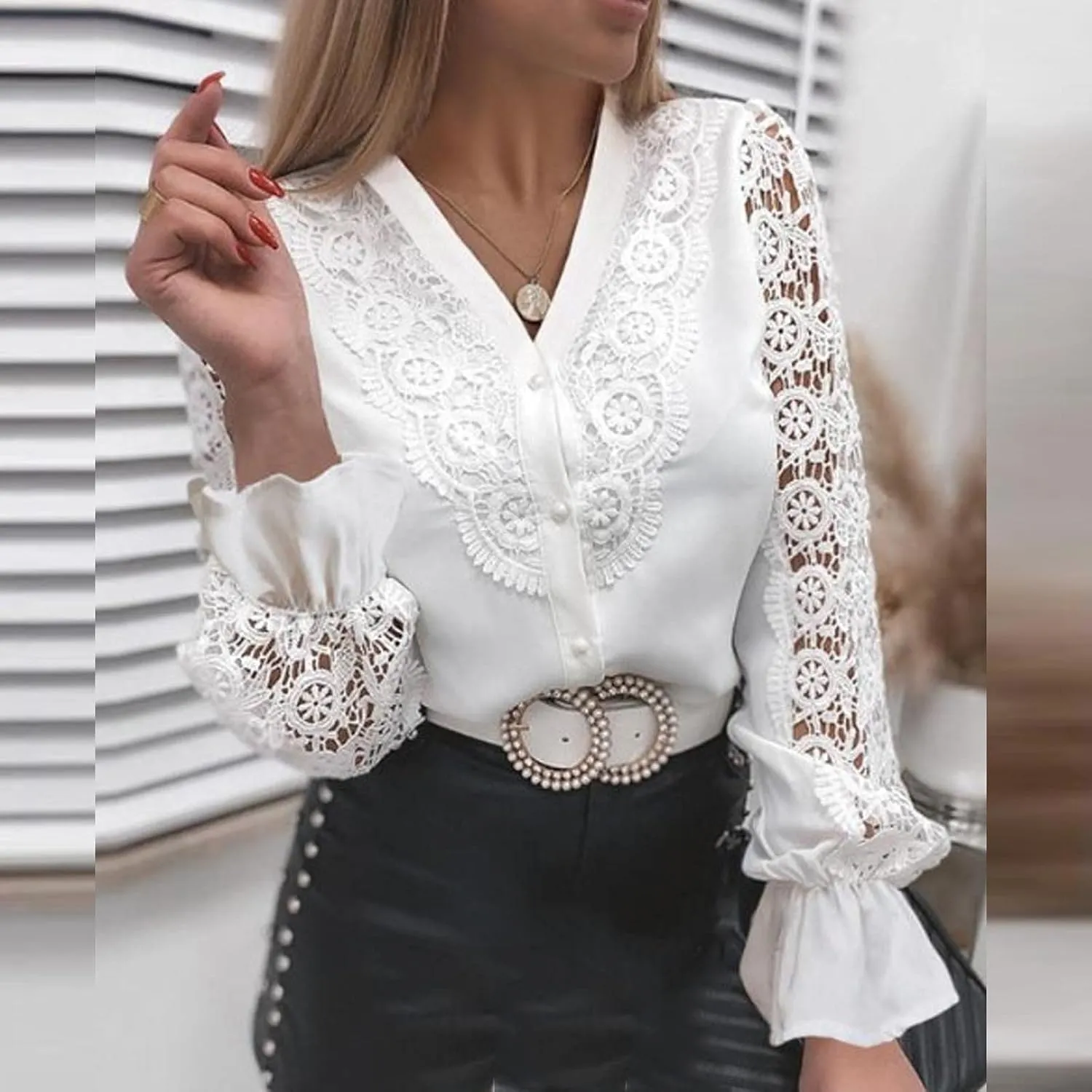 Ceboyel Women Hollow-Out Lace Sleeve Tops Bohemian Style Blouses Pullover Dressy Casual Shirts Trendy Boho Fall Outfits 2023