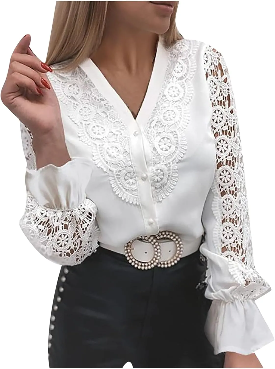 Ceboyel Women Hollow-Out Lace Sleeve Tops Bohemian Style Blouses Pullover Dressy Casual Shirts Trendy Boho Fall Outfits 2023