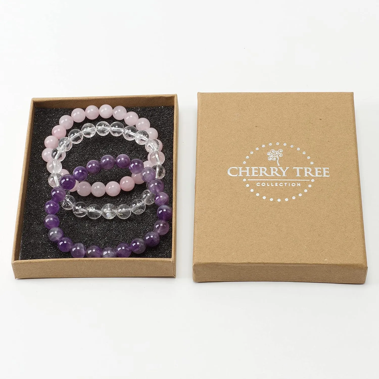 Cherry Tree Collection Gemstone - Small, Medium, Large Sizes - 3 Beaded Bracelet Set With Gift Box - Bracelets For Men and Women - 8mm Beads