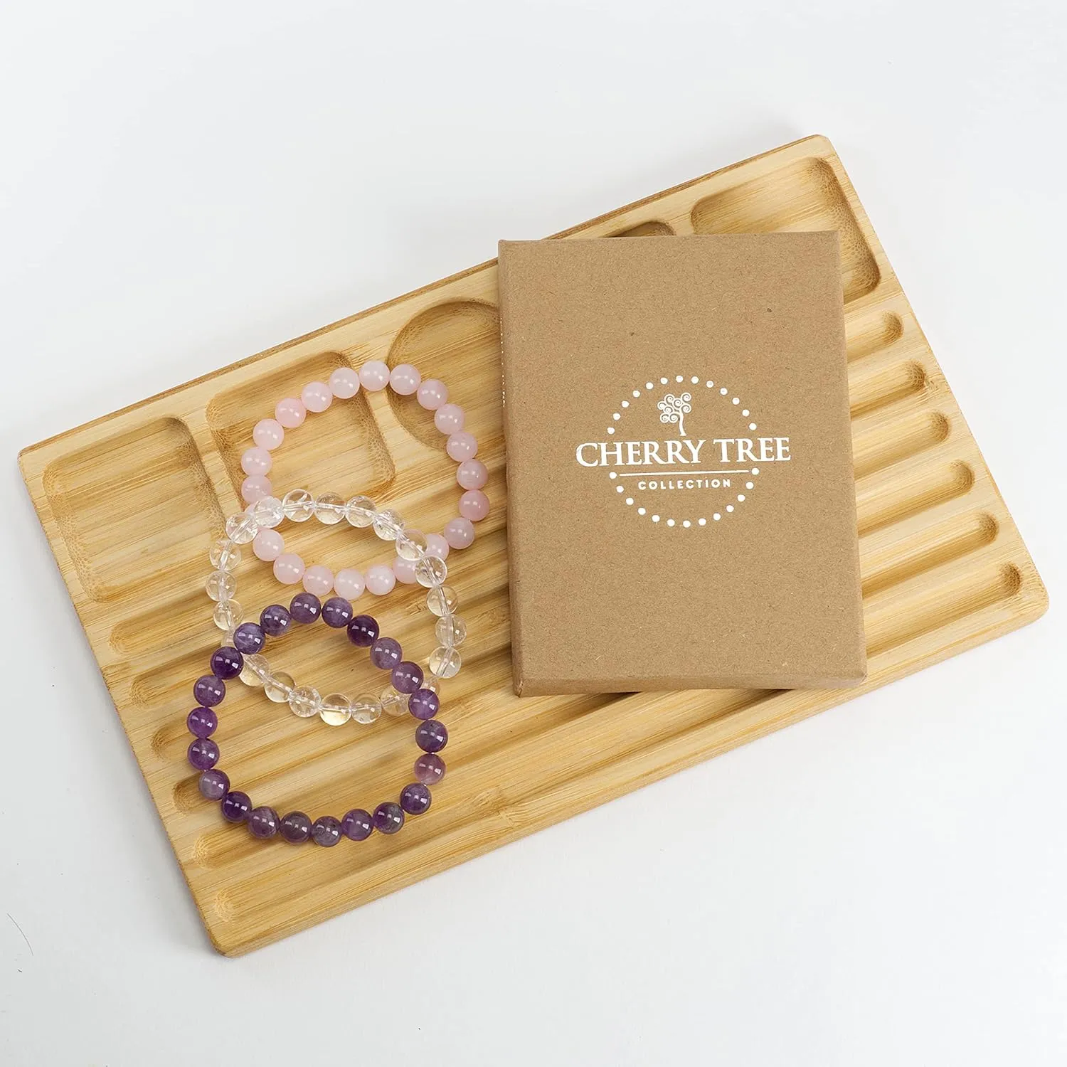 Cherry Tree Collection Gemstone - Small, Medium, Large Sizes - 3 Beaded Bracelet Set With Gift Box - Bracelets For Men and Women - 8mm Beads