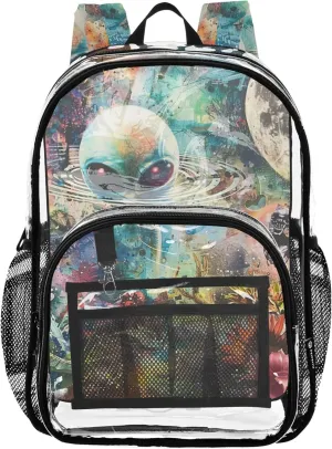 Clear Bag for Women Travel Girls Backpack for Kids Plastic Transparent Bookbag Space Exotic Alien