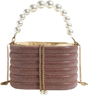 Clutch Purses for Women Pearl Top-Handle Crystal Evening Handbag Diamonds Metal Bucket Bag with Detachable Chain