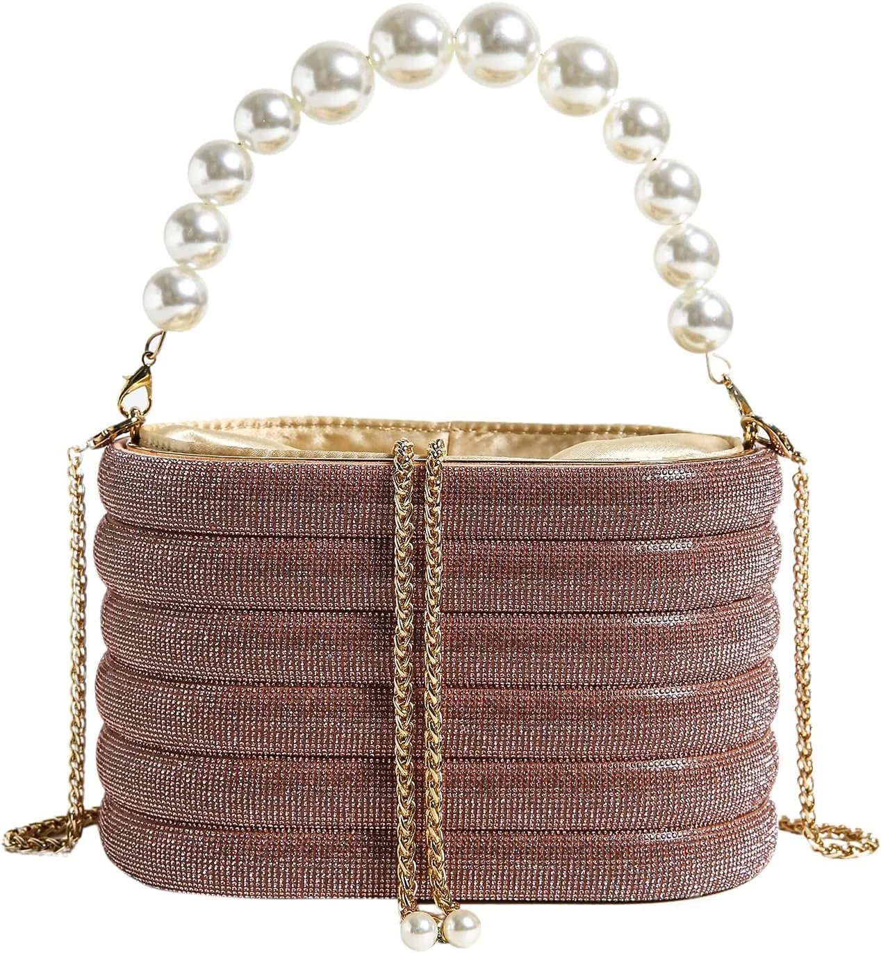 Clutch Purses for Women Pearl Top-Handle Crystal Evening Handbag Diamonds Metal Bucket Bag with Detachable Chain