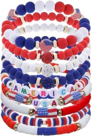 Cooluckday Surfer Heishi Clay Bracelets for Women Bohemian Stackable Gold Beaded Stretch Bracelets 4th of July Bracelets Elastic Layering Friendship Bracelets Set Boho Jewelry