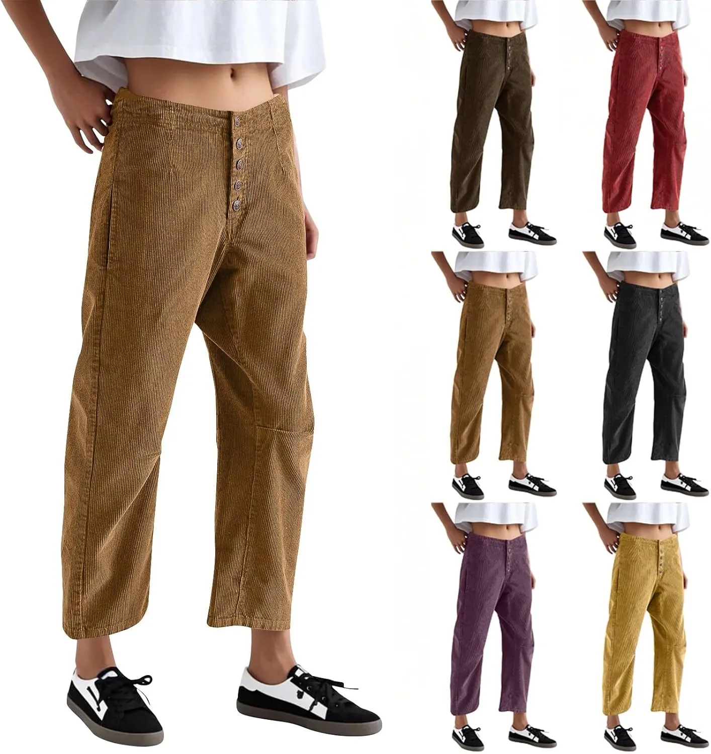 Corduroy Pants Women Casual Low Rise Ankle Wide Leg Pants Loose Comfy Work Pants Dress Pants with Pockets