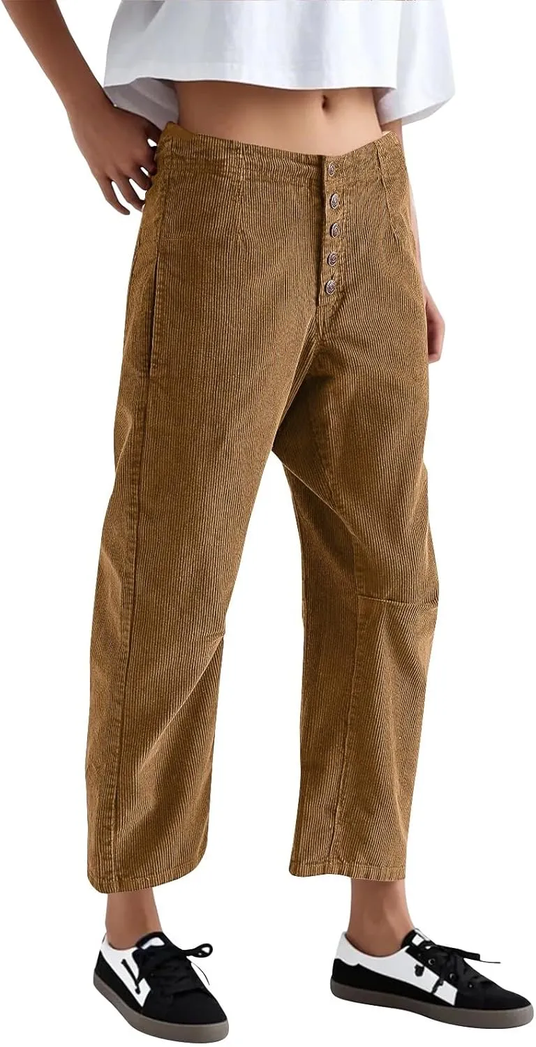 Corduroy Pants Women Casual Low Rise Ankle Wide Leg Pants Loose Comfy Work Pants Dress Pants with Pockets