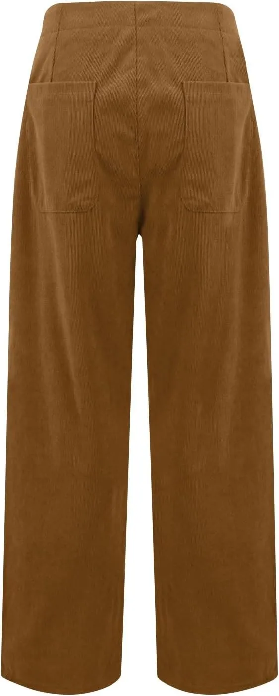 Corduroy Pants Women Casual Low Rise Ankle Wide Leg Pants Loose Comfy Work Pants Dress Pants with Pockets