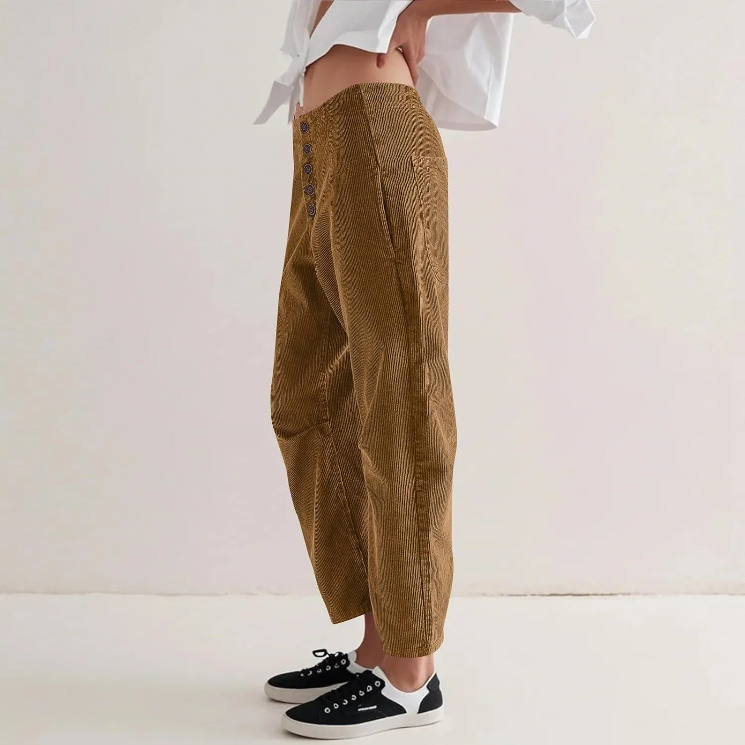 Corduroy Pants Women Casual Low Rise Ankle Wide Leg Pants Loose Comfy Work Pants Dress Pants with Pockets