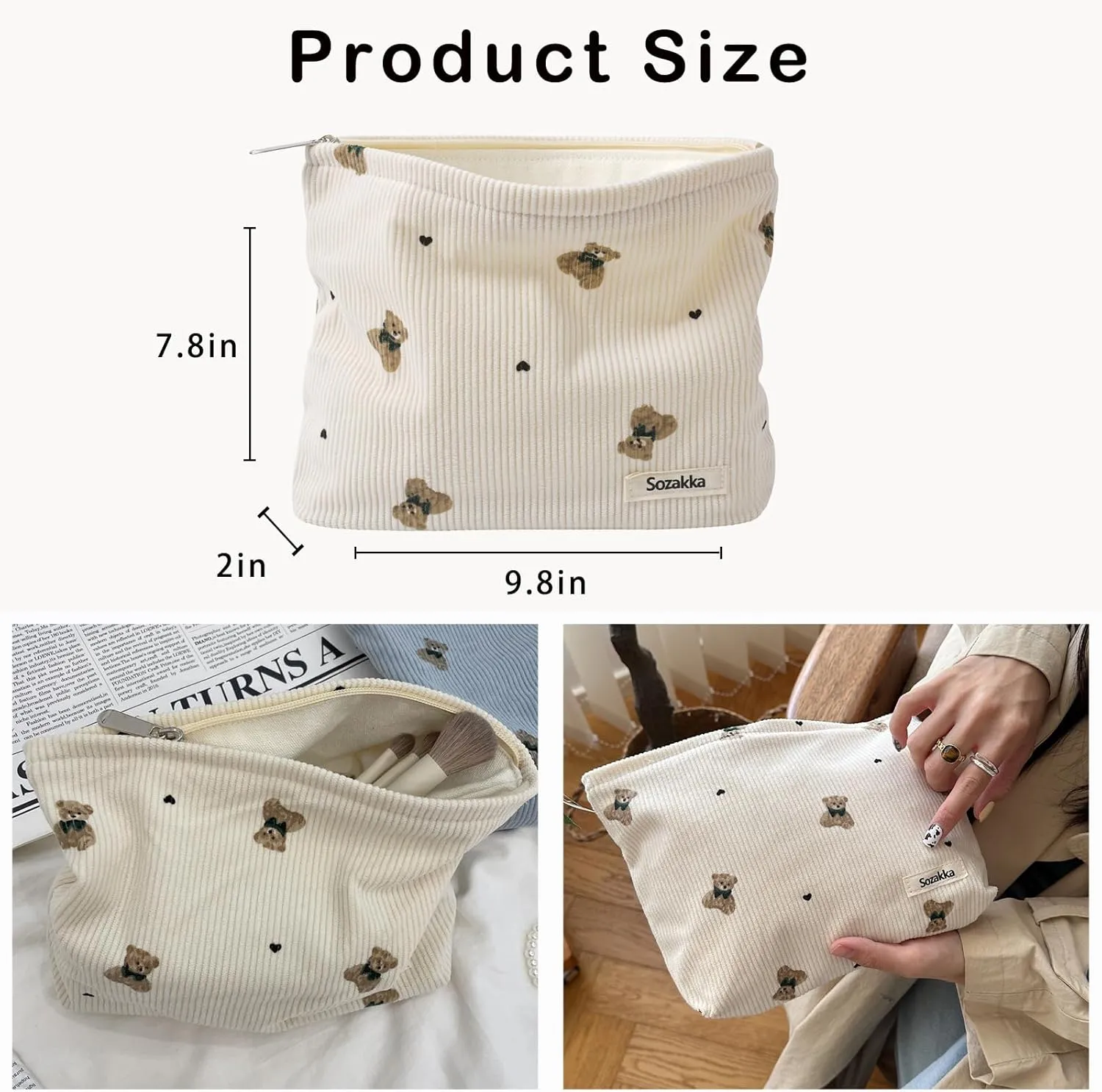 Corduroy Travel Makeup Bag with Bear Pattern, Cosmetic Bag for Purse Organizer, Toiletry Bag with Zipper For Women Travel Essentials(02Beige)