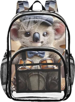 Cute Koala Jazz Drummer Clear Bag for Women Travel Girls Backpack for Kids Pvc School Plastic Bookbag