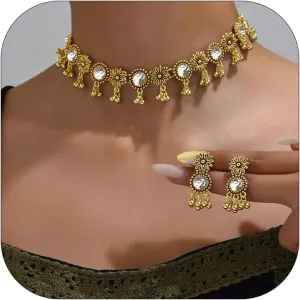 Dcfywl731 Indian Jewelry Sets for Women Bollywood Wedding Jewelry Necklace Set Oxidized Indian Choker Necklace with Maang Tikka Earrings Set Jewelry Gift