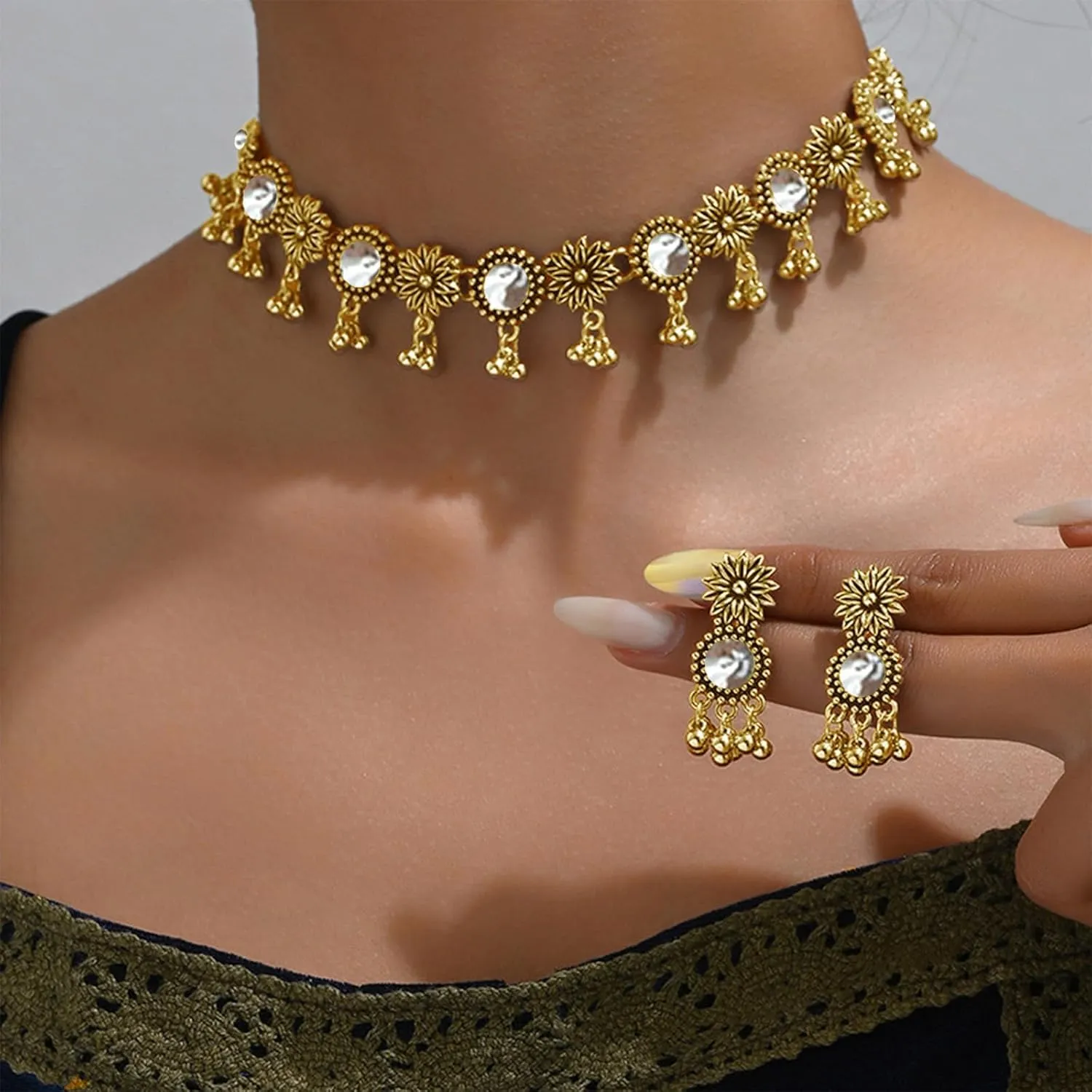 Dcfywl731 Indian Jewelry Sets for Women Bollywood Wedding Jewelry Necklace Set Oxidized Indian Choker Necklace with Maang Tikka Earrings Set Jewelry Gift
