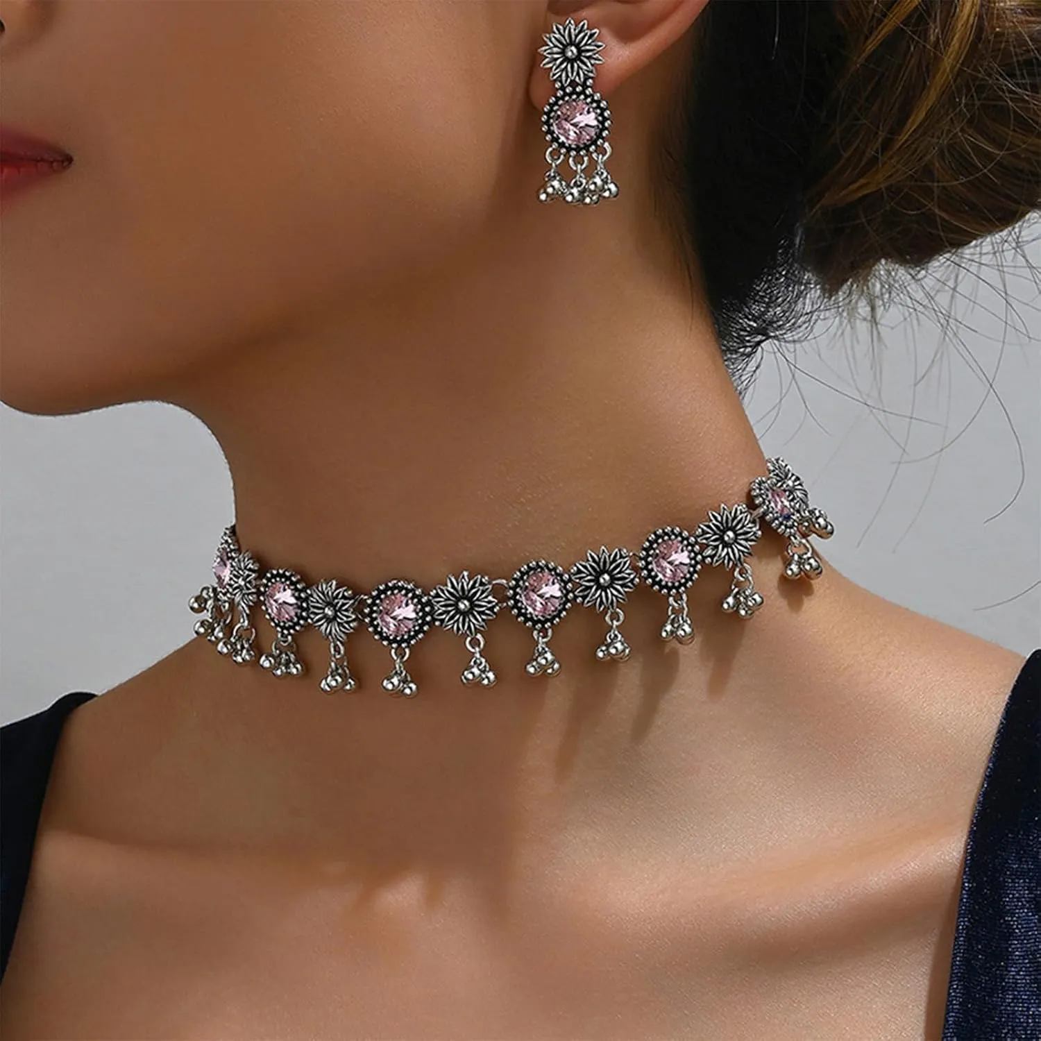 Dcfywl731 Indian Jewelry Sets for Women Bollywood Wedding Jewelry Necklace Set Oxidized Indian Choker Necklace with Maang Tikka Earrings Set Jewelry Gift