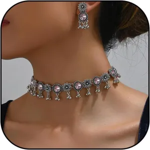 Dcfywl731 Indian Jewelry Sets for Women Bollywood Wedding Jewelry Necklace Set Oxidized Indian Choker Necklace with Maang Tikka Earrings Set Jewelry Gift