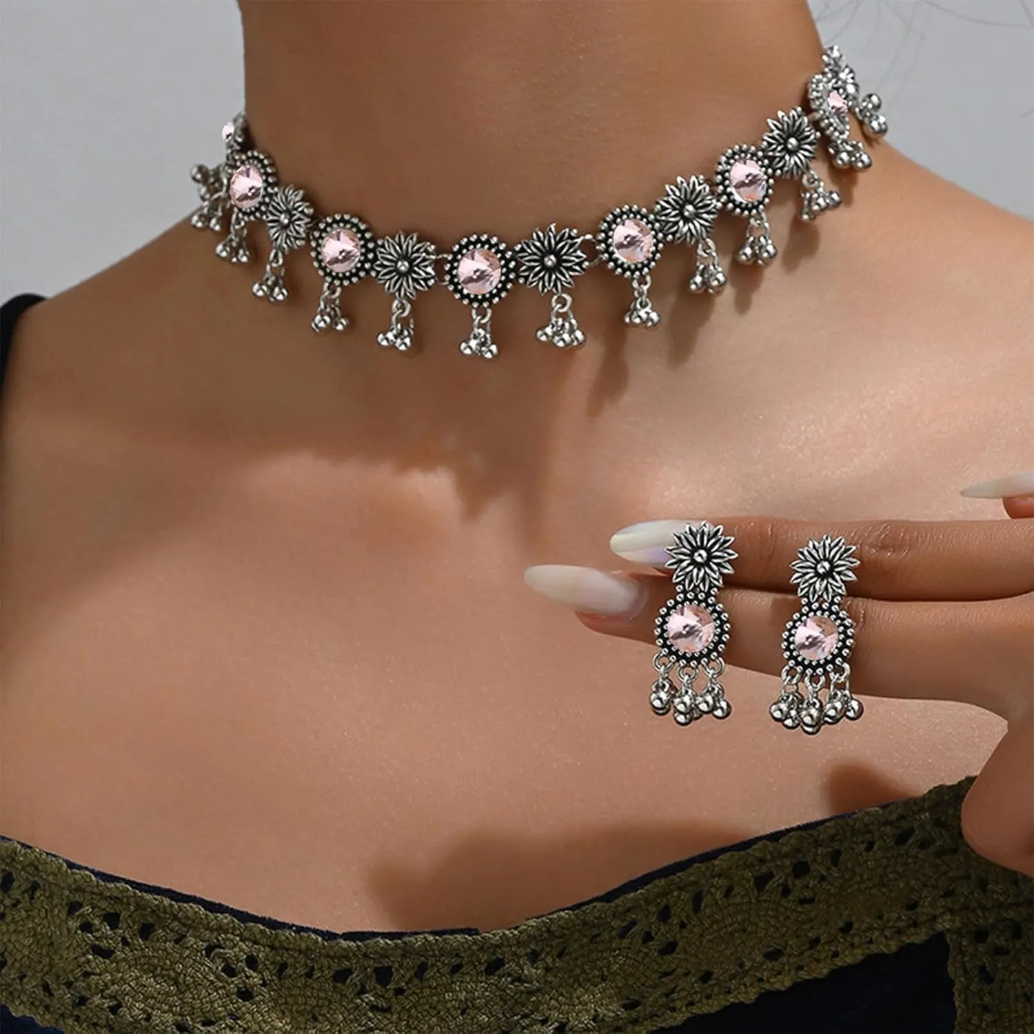 Dcfywl731 Indian Jewelry Sets for Women Bollywood Wedding Jewelry Necklace Set Oxidized Indian Choker Necklace with Maang Tikka Earrings Set Jewelry Gift