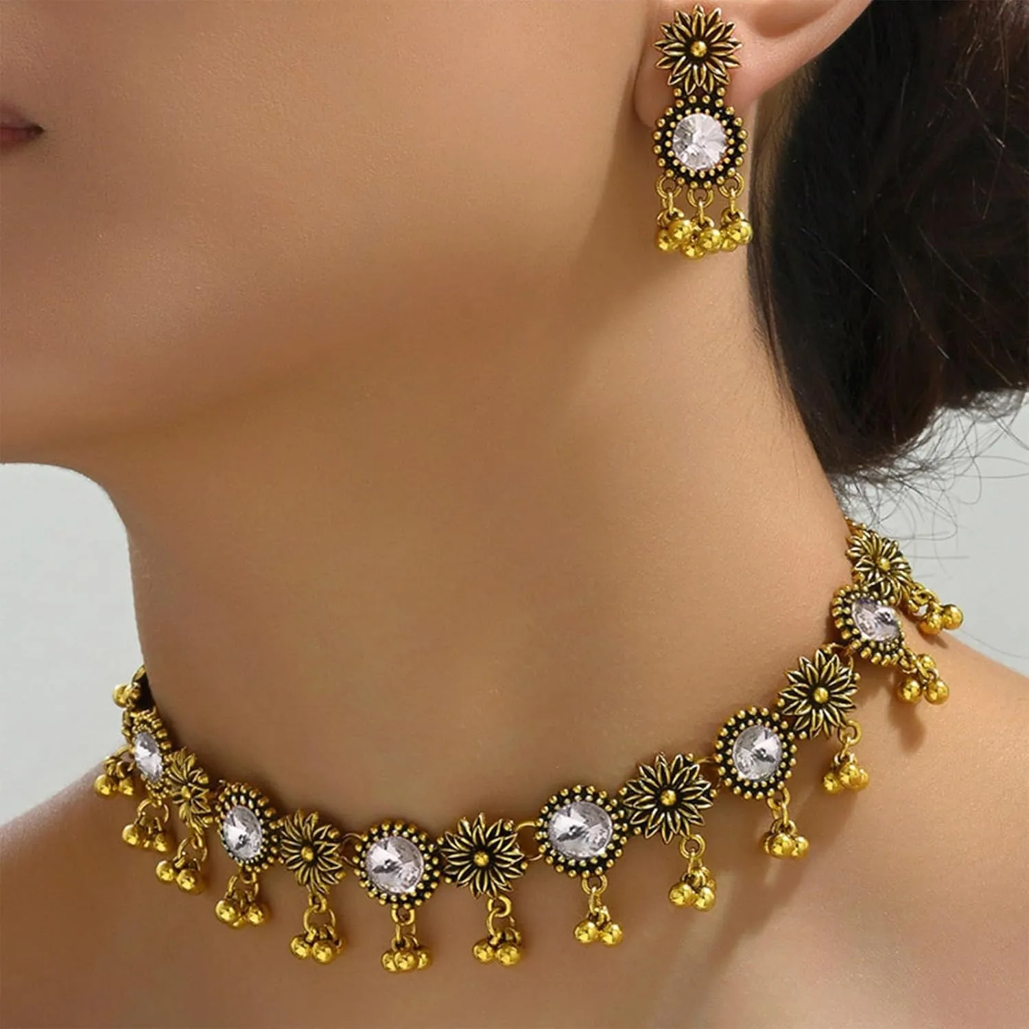 Dcfywl731 Indian Jewelry Sets for Women Bollywood Wedding Jewelry Necklace Set Oxidized Indian Choker Necklace with Maang Tikka Earrings Set Jewelry Gift