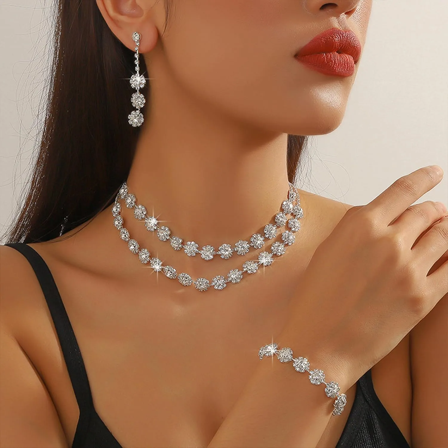 Dcfywl731 Silver Prom Jewelry Set Rhinestone Bridal Wedding Jewelry Sets for Brides Bridesmaid Formal Costume Jewelry Accessories for Wedding Prom Dresses 2025