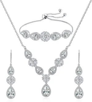 DHQH 3 Pack Cubic Zirconia Bridal Jewelry Sets for Wedding, Crystal Necklace Dangle Earring Bracelet Jewelry Sets for Women, Prom Costume Jewelry Gifts