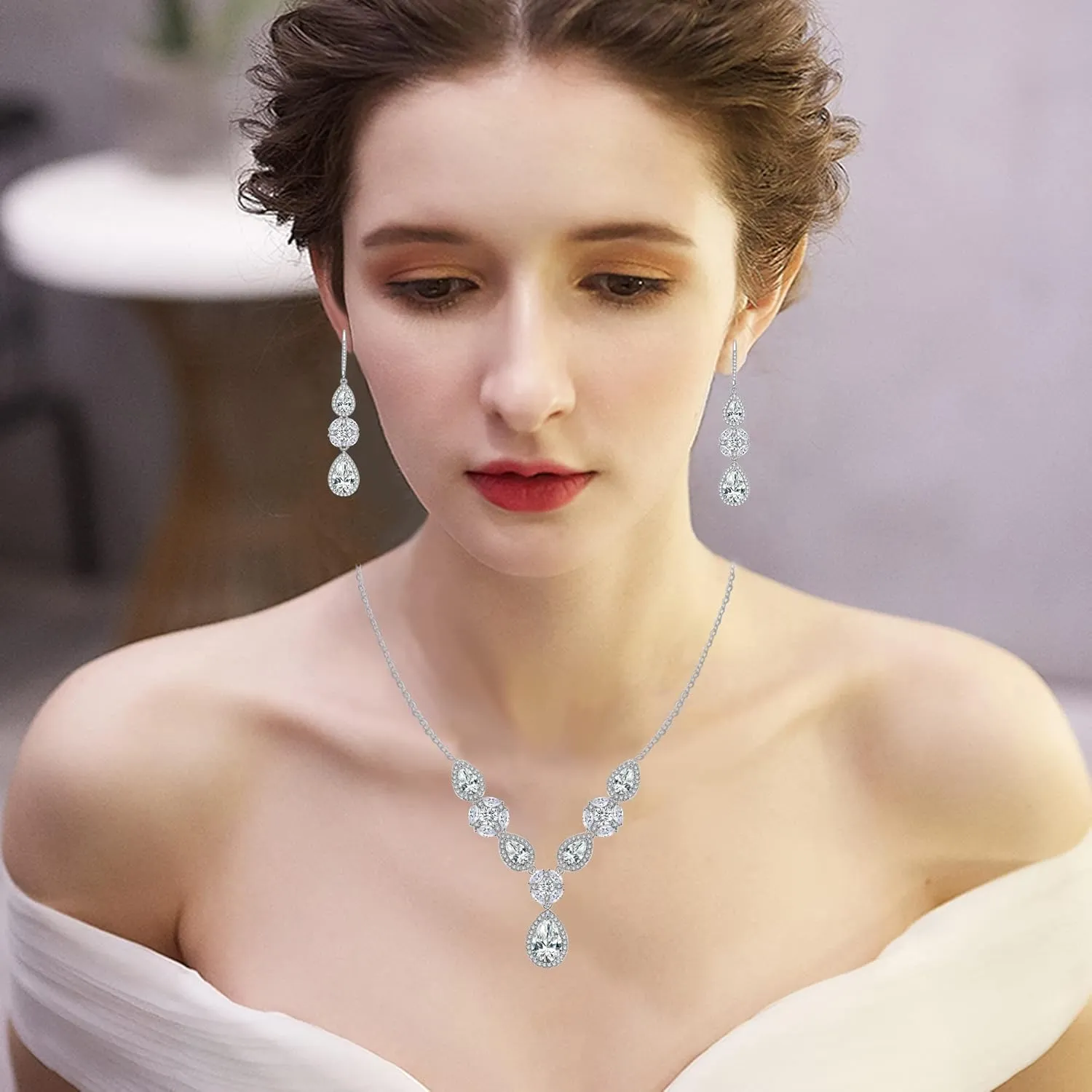 DHQH 3 Pack Cubic Zirconia Bridal Jewelry Sets for Wedding, Crystal Necklace Dangle Earring Bracelet Jewelry Sets for Women, Prom Costume Jewelry Gifts