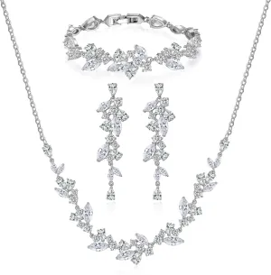 DHQH 3 Pack Cubic Zirconia Bridal Jewelry Sets for Wedding, Crystal Necklace Dangle Earring Bracelet Jewelry Sets for Women, Prom Costume Jewelry Gifts