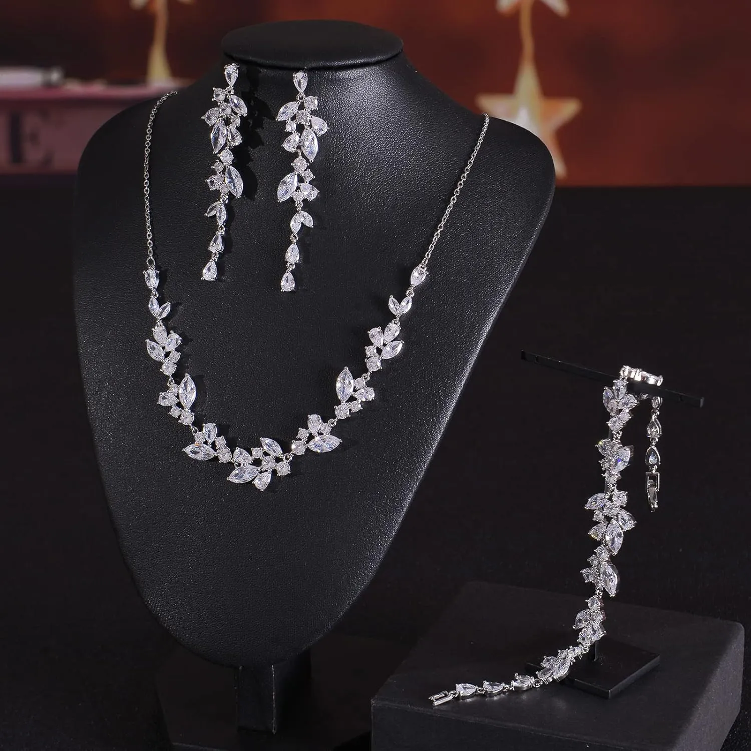 DHQH 3 Pack Cubic Zirconia Bridal Jewelry Sets for Wedding, Crystal Necklace Dangle Earring Bracelet Jewelry Sets for Women, Prom Costume Jewelry Gifts