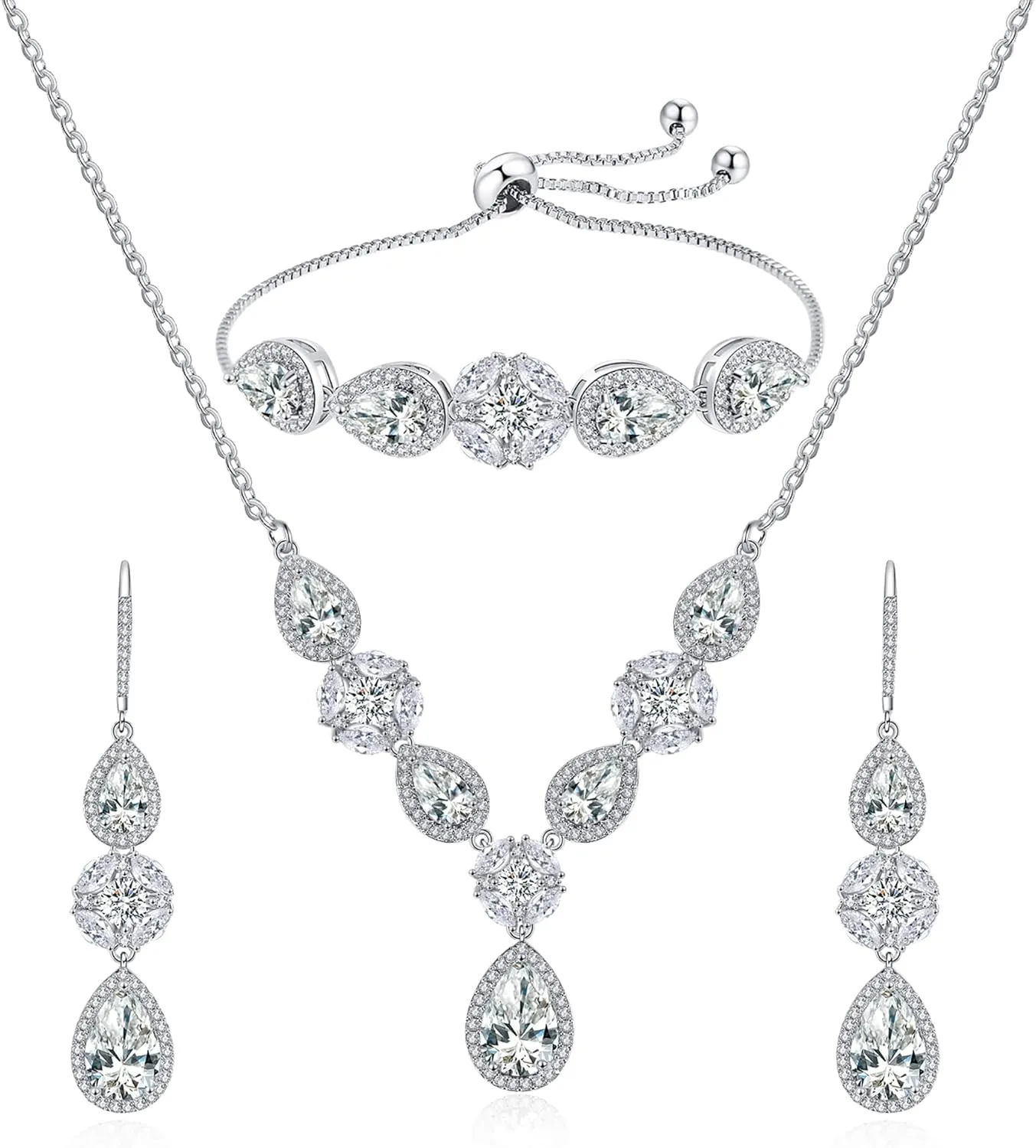 DHQH 3 Pack Cubic Zirconia Bridal Jewelry Sets for Wedding, Crystal Necklace Dangle Earring Bracelet Jewelry Sets for Women, Prom Costume Jewelry Gifts