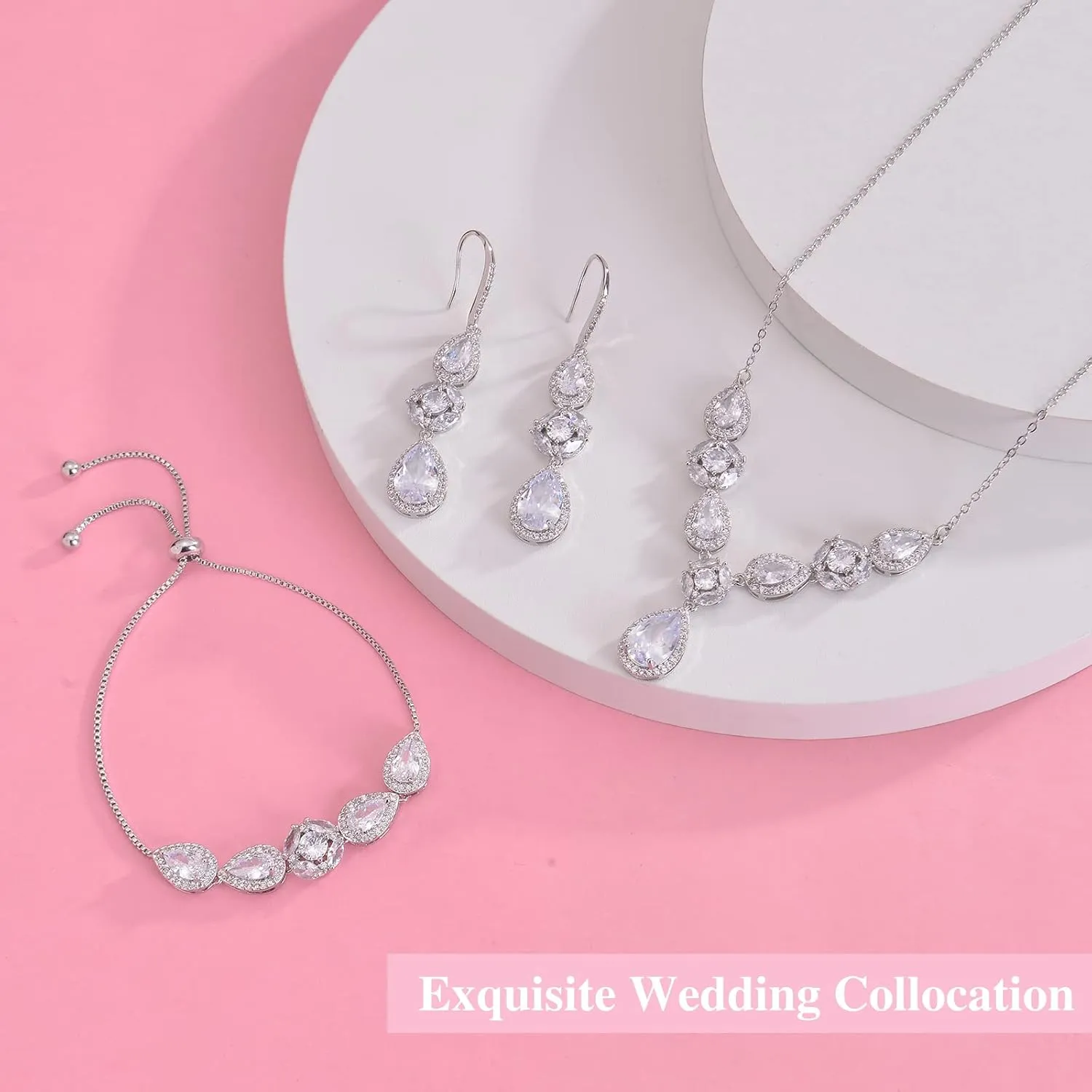 DHQH 3 Pack Cubic Zirconia Bridal Jewelry Sets for Wedding, Crystal Necklace Dangle Earring Bracelet Jewelry Sets for Women, Prom Costume Jewelry Gifts