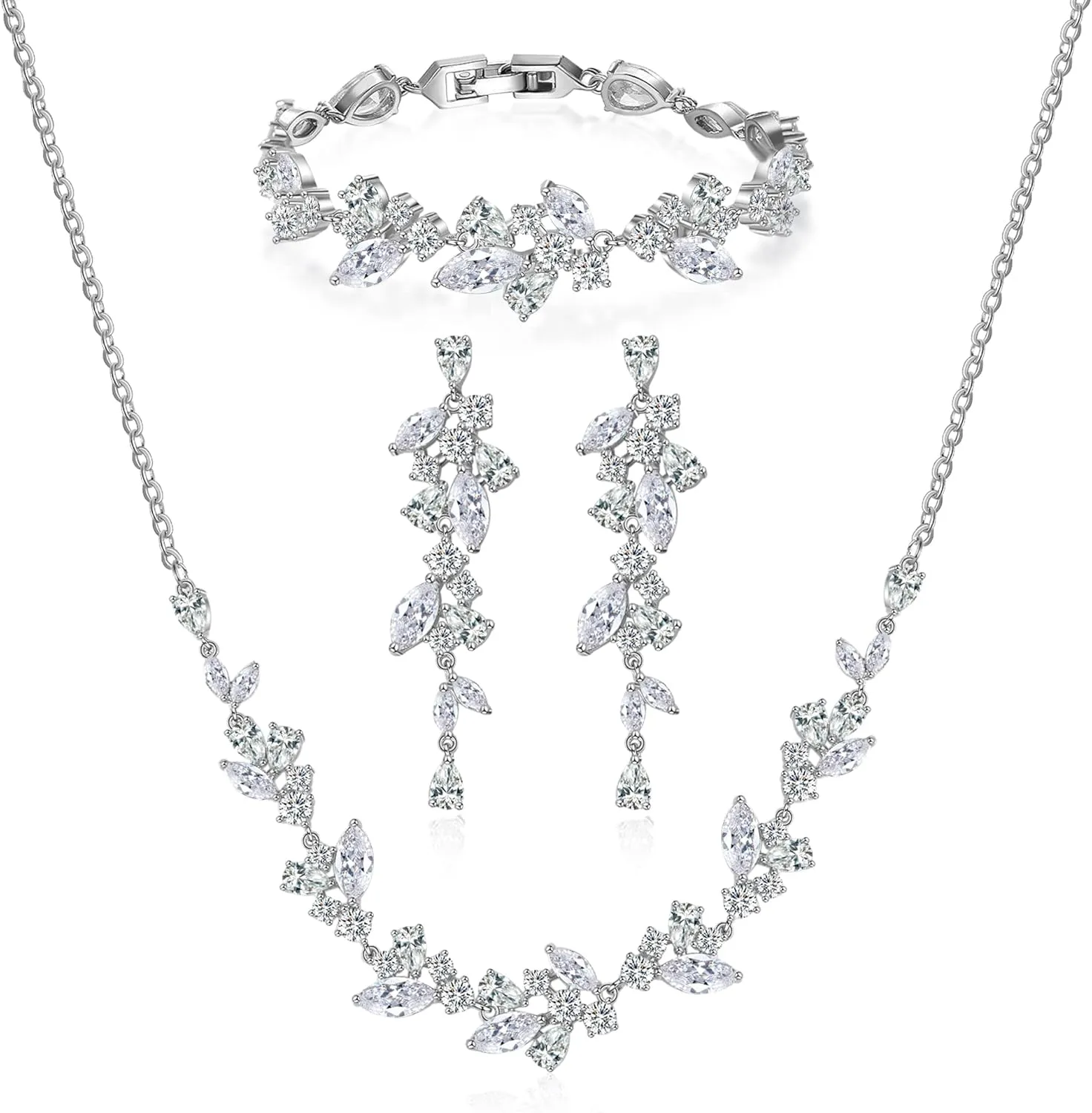 DHQH 3 Pack Cubic Zirconia Bridal Jewelry Sets for Wedding, Crystal Necklace Dangle Earring Bracelet Jewelry Sets for Women, Prom Costume Jewelry Gifts