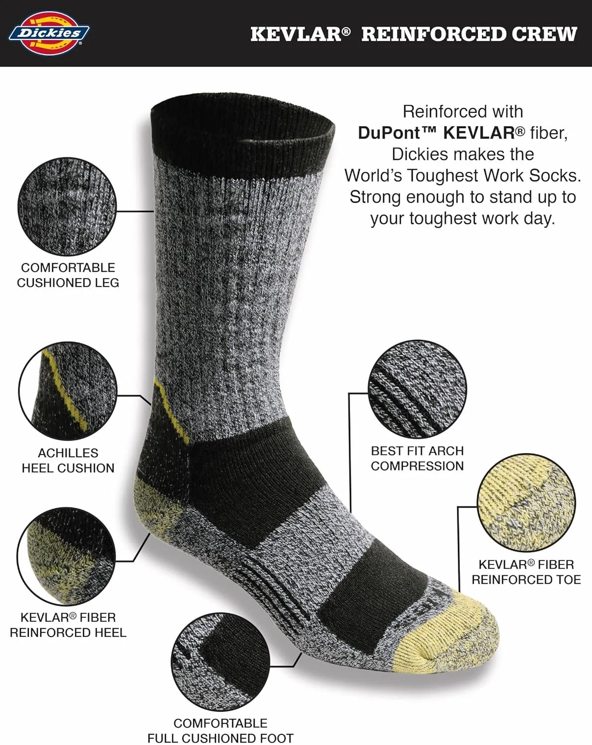 Dickies Men's Kevlar Reinforced Steel Toe Crew Socks, Available in L-XL (2, 4 Pairs)