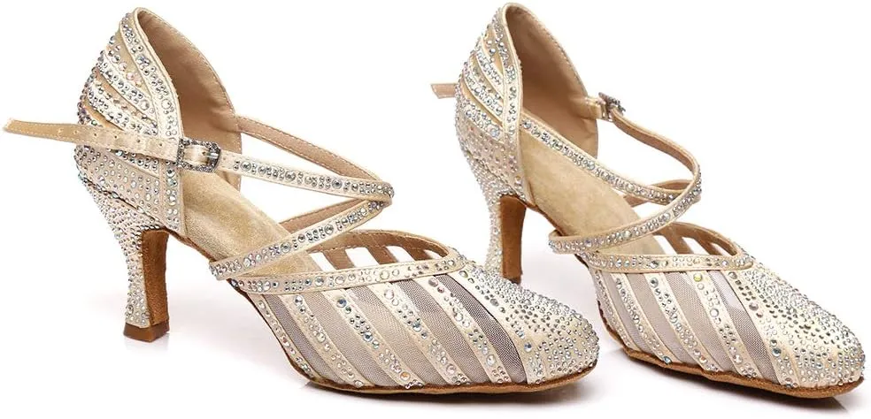 DKZSYIM Women's Latin Dance Shoes Ballroom Performance Rhinestone Wedding Dance Shoes,Model YCL403