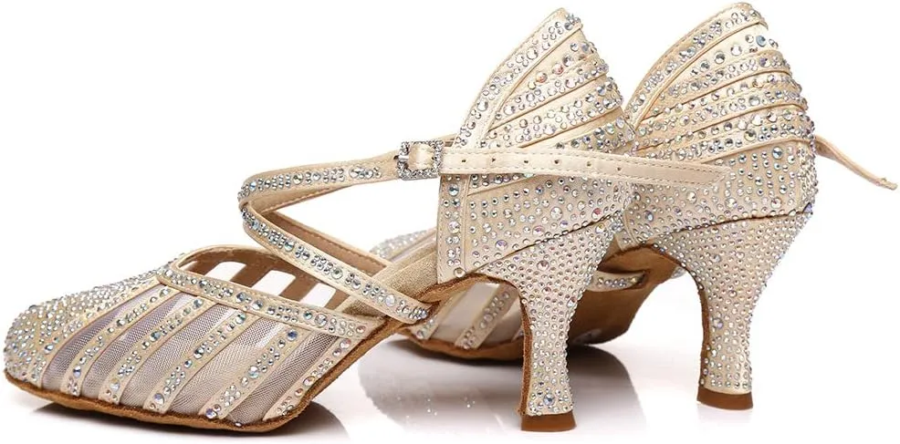 DKZSYIM Women's Latin Dance Shoes Ballroom Performance Rhinestone Wedding Dance Shoes,Model YCL403