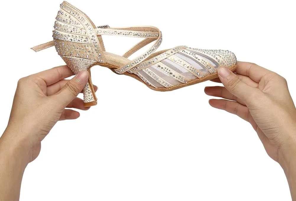 DKZSYIM Women's Latin Dance Shoes Ballroom Performance Rhinestone Wedding Dance Shoes,Model YCL403