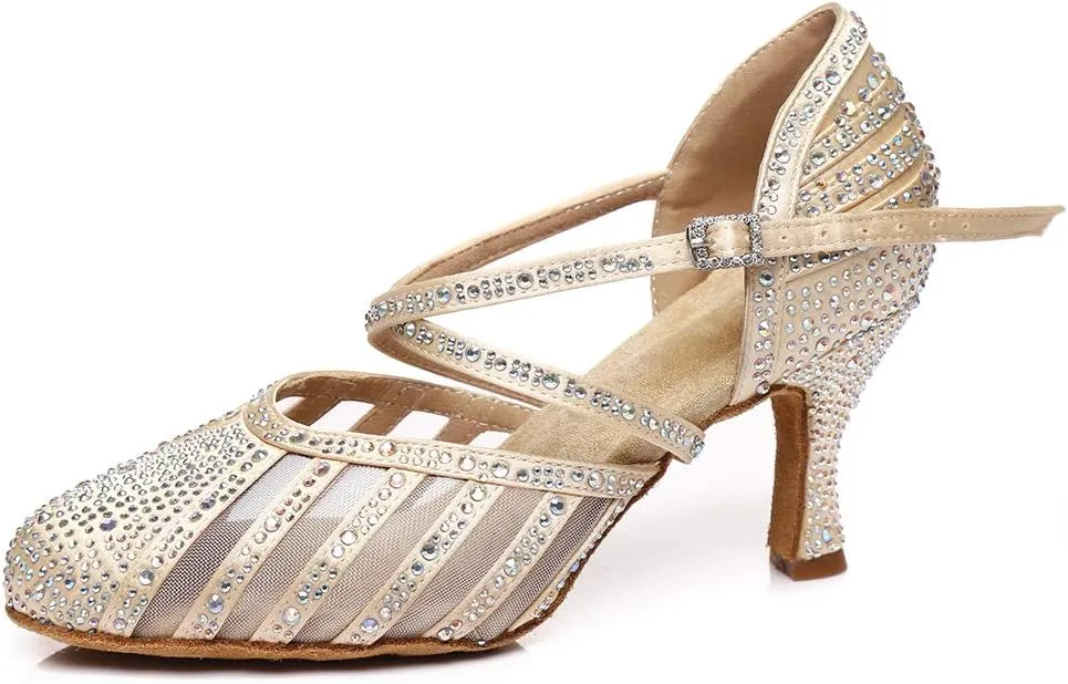 DKZSYIM Women's Latin Dance Shoes Ballroom Performance Rhinestone Wedding Dance Shoes,Model YCL403