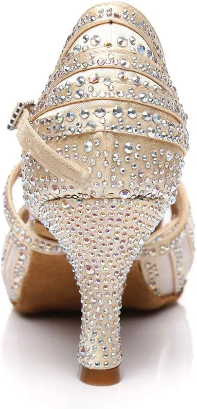 DKZSYIM Women's Latin Dance Shoes Ballroom Performance Rhinestone Wedding Dance Shoes,Model YCL403