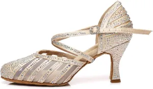 DKZSYIM Women's Latin Dance Shoes Ballroom Performance Rhinestone Wedding Dance Shoes,Model YCL403