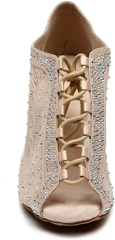DKZSYIM Women's Open Toe Dance Boots Rhinestone Salsa Ballroom Lace-up Ankle Dance Shoes,Model QJW9001