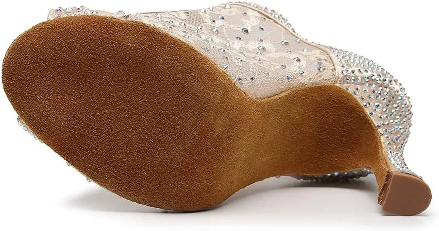 DKZSYIM Women's Open Toe Dance Boots Rhinestone Salsa Ballroom Lace-up Ankle Dance Shoes,Model QJW9001