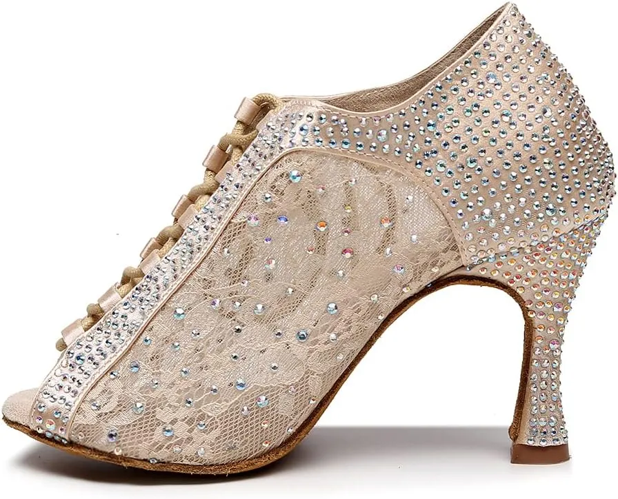 DKZSYIM Women's Open Toe Dance Boots Rhinestone Salsa Ballroom Lace-up Ankle Dance Shoes,Model QJW9001