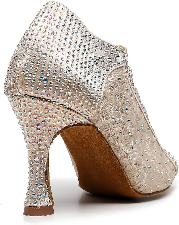 DKZSYIM Women's Open Toe Dance Boots Rhinestone Salsa Ballroom Lace-up Ankle Dance Shoes,Model QJW9001