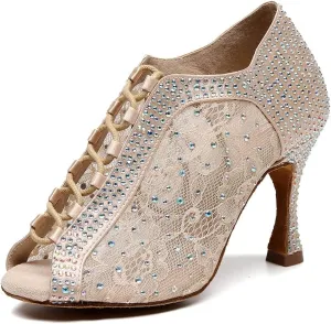 DKZSYIM Women's Open Toe Dance Boots Rhinestone Salsa Ballroom Lace-up Ankle Dance Shoes,Model QJW9001