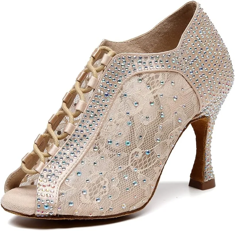 DKZSYIM Women's Open Toe Dance Boots Rhinestone Salsa Ballroom Lace-up Ankle Dance Shoes,Model QJW9001